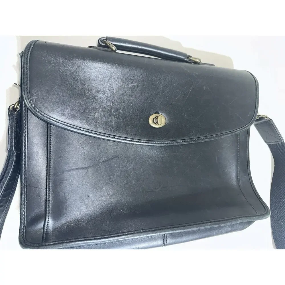 Black Leather Vtg Messenger Bag Turn Lock Laptop Bag Briefcase